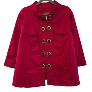 LAL Chic Red Twill Grommet Accent Mock Neck Jacket 3/4 Sleeve Bow Cuff Womens L